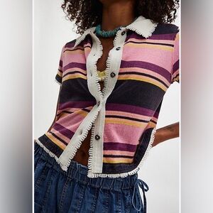 Free People Striped Button-Up Top in Pink, Black & Yellow